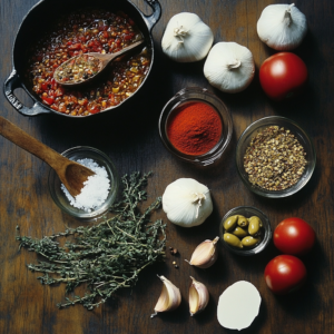 langue de bœuf en sauce : langue, piments, tomates, oignons, ail, herbes