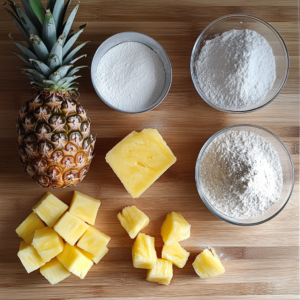 Cake à l’ananas doré avec des rondelles entières sur le dessus, prêt à être servi
