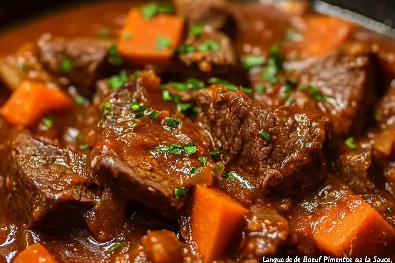 Langue de bœuf tranchée, servie avec une sauce rouge pimentée et du persil frais
