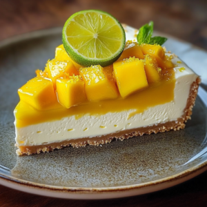 cheesecake à la mangue et au citron vert servie avec coulis mangue citron