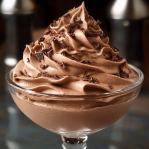 Mousse mascarpone au chocolat servie en verrine avec copeaux de chocolat noir