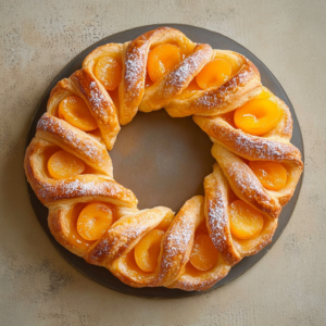 Tarte Oranaise aux abricots servie en part, décorée de sucre glace et menthe fraîche