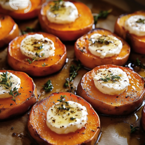 Patates douces rôties avec fromage de chèvre fondu et miel d’acacia.