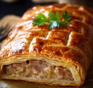 Pâté lorrain entier, bien doré, posé sur une planche en bois avec un brin de persil