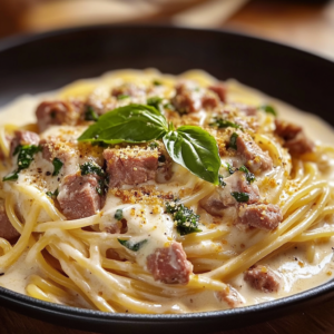 Tagliatelles carbonara légères avec sauce crémeuse, copeaux de parmesan et herbes fraîches