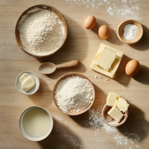Ingrédients pour gaufres maison : œufs, lait, farine, sucre, beurre
