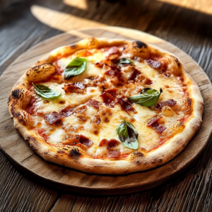 Pizza avec miel épicé et fromage fondu encore chaud sortie du four