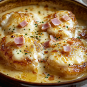 Escalope savoyarde gratinée au fromage fondu et jambon cru avec pommes de terre