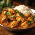 Poulet tikka massala joliment dressé avec coriandre fraîche et riz parfumé