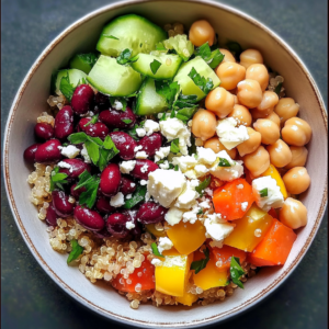 salade de quinoa et pois chiches, feta et betteraves rôties servie en portion individuelle
