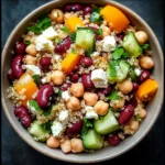 Gros plan sur les morceaux de betteraves, de feta, les grains de quinoa et les pois chiches colorés