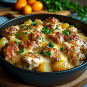 ragoût de pommes de terre et boulettes servi avec une tranche de pain rustique