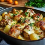 Gros plan sur une boulette tendre nappée de sauce accompagnée de pommes de terre