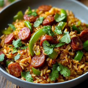 Riz épicé à la mexicaine avec chorizo, bacon et légumes colorés