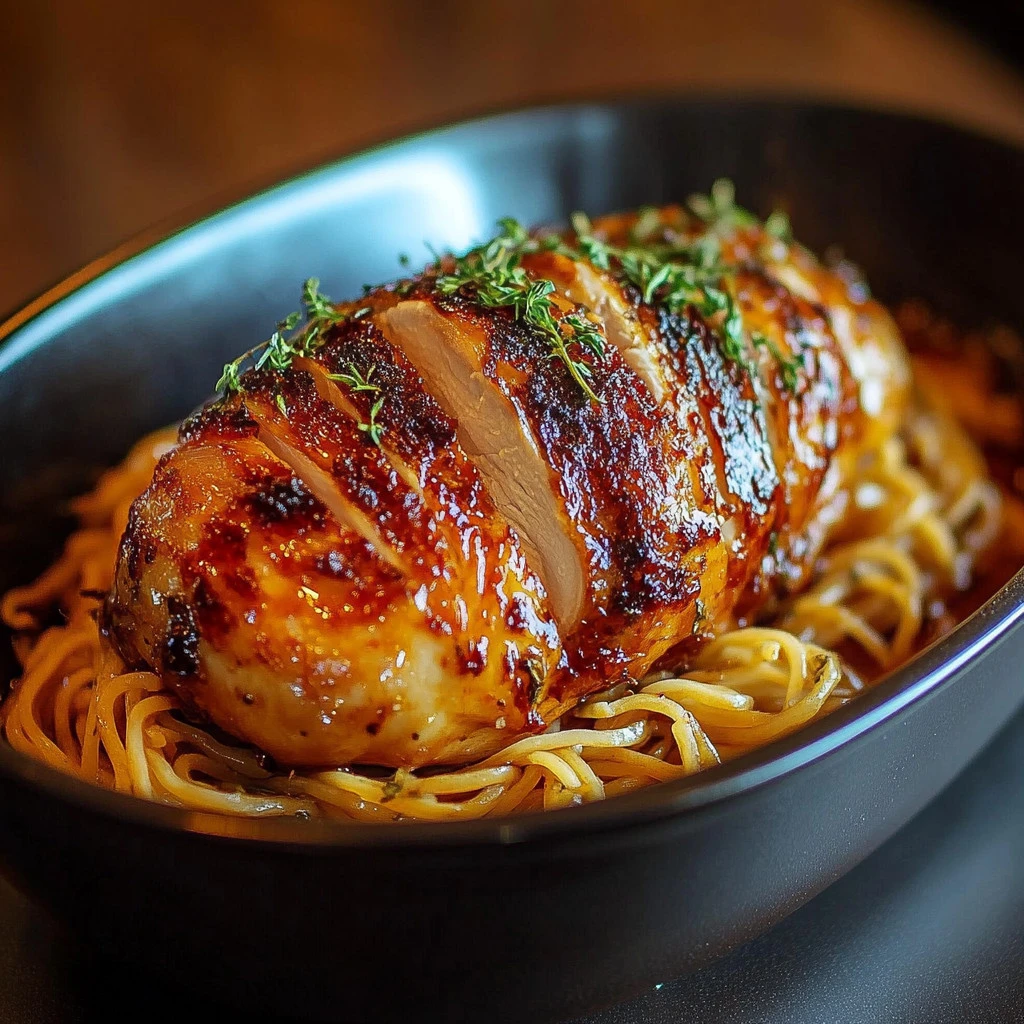 rôti de porc nappées de sauce moutarde-miel dans une assiette