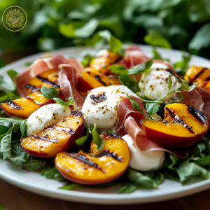 Salade de pêches grillées avec burrata et jambon cru, dressée dans une assiette colorée