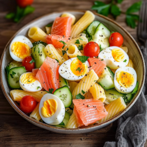 Salade de pâtes colorée avec surimi, œufs durs et légumes croquants dans un grand saladier