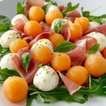 salade de melon, mozzarella et chiffonnade de jambon cru