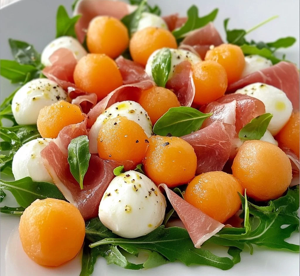 salade de melon, mozzarella et chiffonnade de jambon cru
