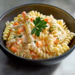 Gros plan sur les pâtes fusilli, les bâtonnets de surimi, les grains de maïs et le fromage râpé