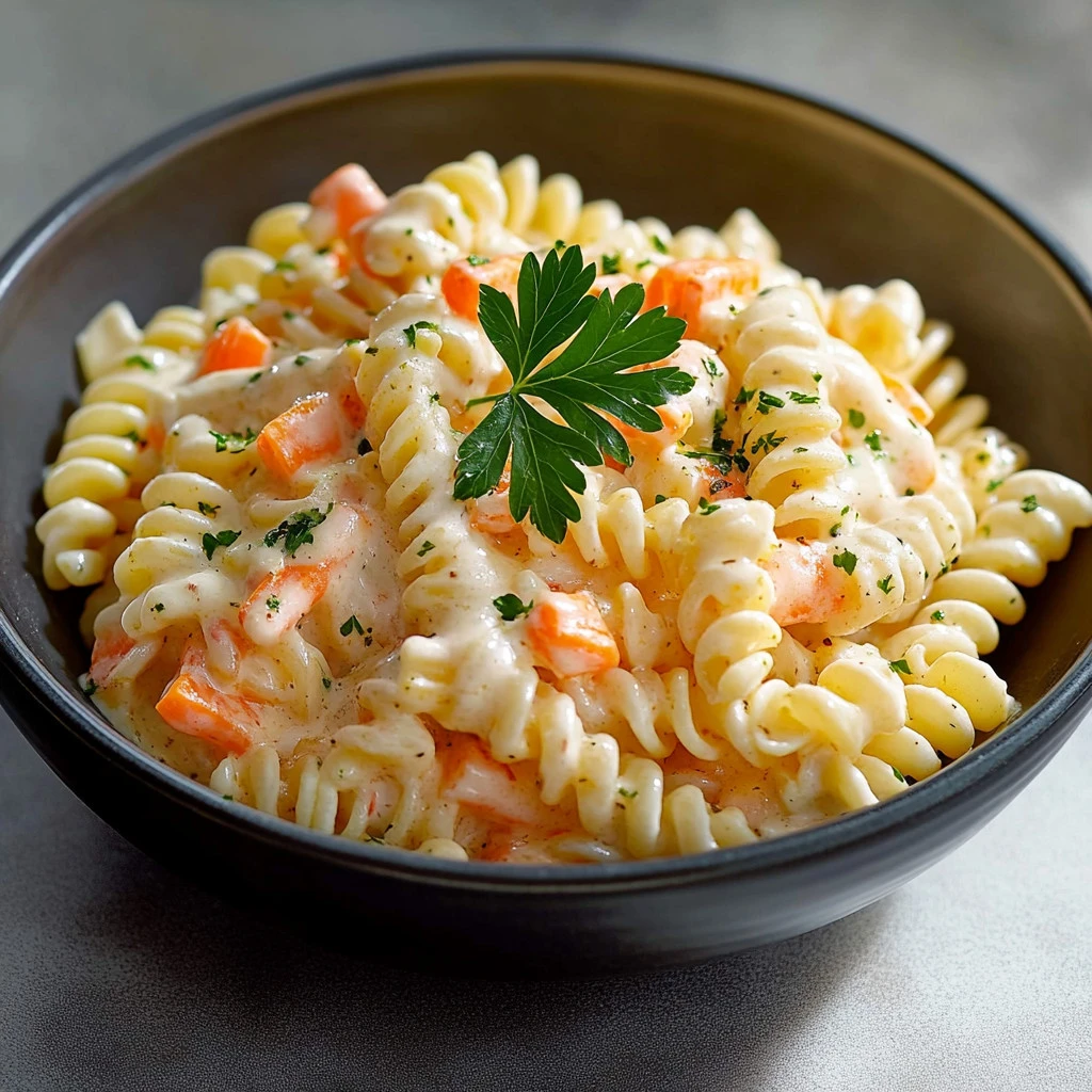 Gros plan sur les pâtes fusilli, les bâtonnets de surimi, les grains de maïs et le fromage râpé