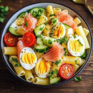 salade de pâtes au surimi et œufs durs avec tomates et maïs