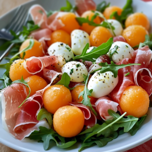 Salade de melon, mozzarella et jambon cru servie dans une assiette blanche, décorée de feuilles de basilic