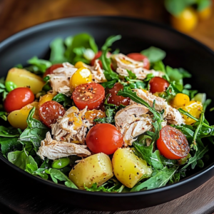 Salade niçoise maison joliment dressée avec thon, œufs, tomates, olives et haricots verts
