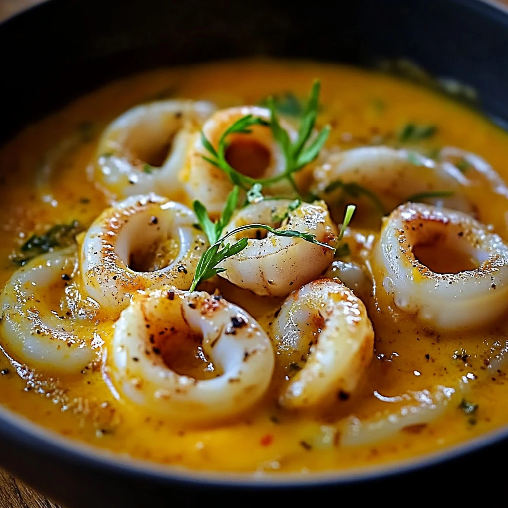 Calamars mijotés dans une sauce armoricaine tomate-piment, servis avec du riz blanc