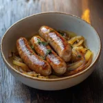 Saucisses avec moutarde avec oignons caramélisés dans une assiette rustique