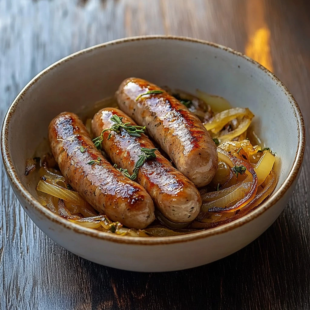 Saucisses avec moutarde avec oignons caramélisés dans une assiette rustique