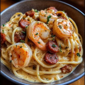 paghetti crème de poivron, accompagnés de crevettes et tranches de chorizo