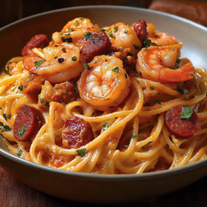 Spaghetti crème de poivron décorés de persil frais, chorizo et crevettes bien visibles