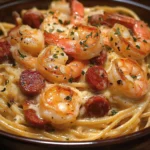 Spaghetti à la crème de poivron décorés de persil frais, chorizo et crevettes bien visibles