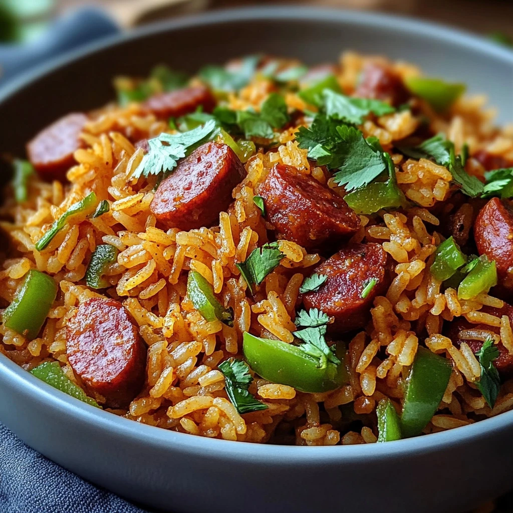 Gros plan sur une cuillère de riz mexicain au chorizo, bacon et maïs