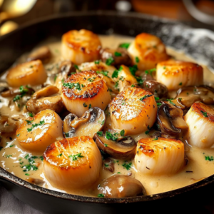 Blanquette de Saint-Jacques aux champignons servie dans une cocotte fumante