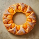 Part de tarte aux abricots avec crème vanillée, vue rapprochée du cœur fondant