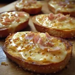 Tartines gratinées au jambon et fromage dans un plat, juste sorties du four
