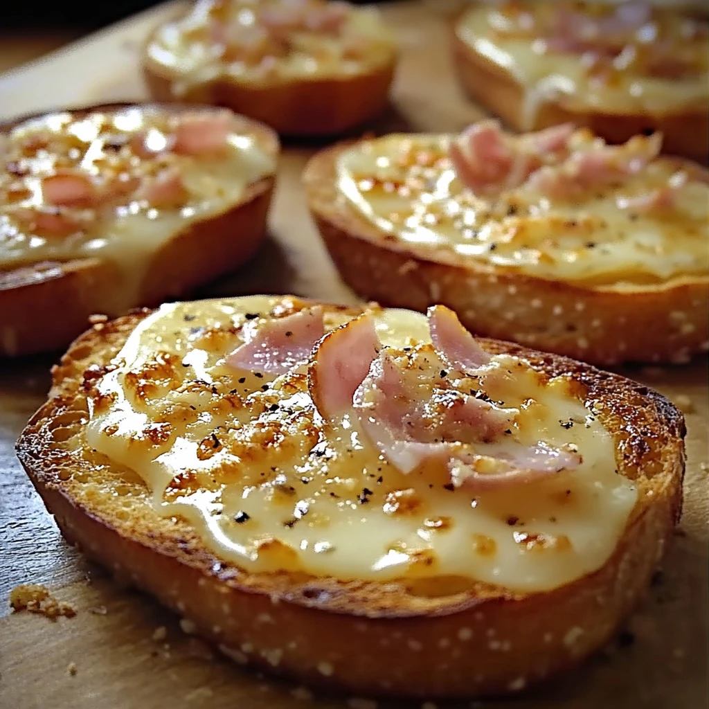 Tartines gratinées au jambon et fromage dans un plat, juste sorties du four