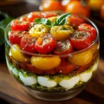 Cuillère de tiramisu salé montrant les différentes couches de tomate, mozzarella et crumble salé