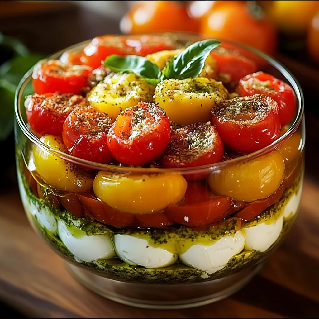 Cuillère de tiramisu salé montrant les différentes couches de tomate, mozzarella et crumble salé