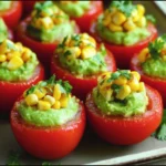 Bouchée de tomate farcie à l’avocat crémeux, vue de près