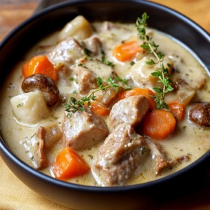 Blanquette de veau traditionnelle servie dans une cocotte en fonte avec sauce crémeuse