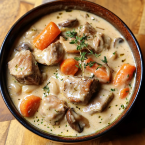 blanquette de veau servie avec riz blanc, sauce et légumes fondants