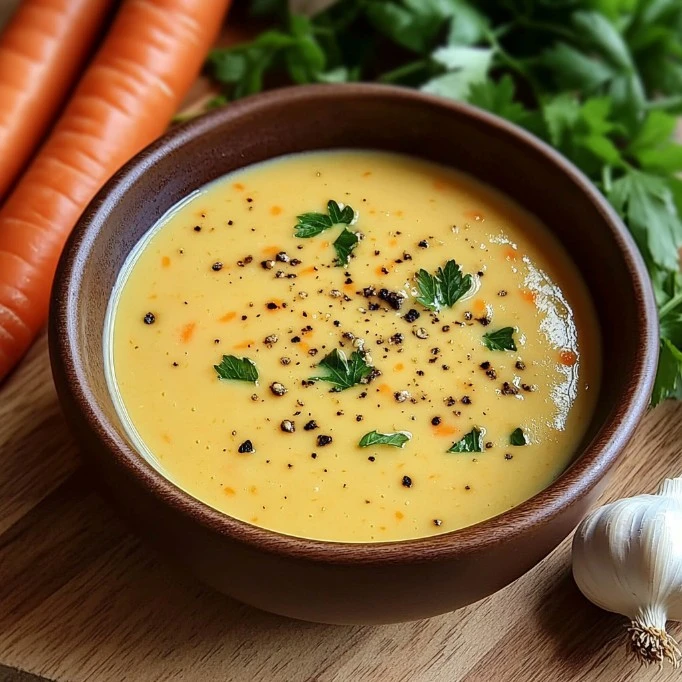 velouté de carottes à l’ail, servi avec des herbes fraîches